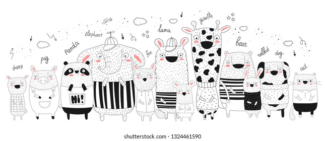 Vector collection of doodle funny animals. Hand drawn graphic zoo. Perfect for baby shower, postcard, label, brochure, flyer, page, banner design, shirt print.