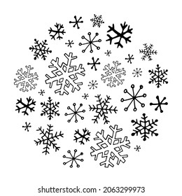 Vector Collection Of Doodle Snowflakes. Simple Hand Drawn Winter Illustrations. Christmas Card, Happy New Year