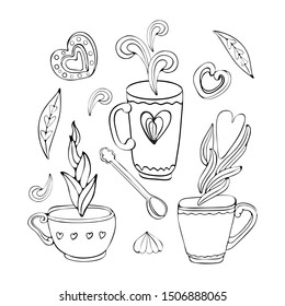 Vector collection of Doodle tea and coffee hand drawn in outline. Tea time elements collection. Set of tea and coffee icons. Cup, mug, spoon, dessert, cookies, souffle, sweets, heart. Vintage style. 