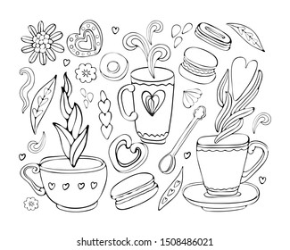 Vector collection of Doodle tea and coffee hand drawn in outline. Tea time elements collection. Set of tea and coffee icons. Cup, mug, spoon, dessert, cookies, souffle, sweets, heart. Vintage style. 