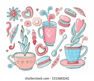 Vector collection of Doodle tea and coffee. Tea time elements collection. Set of icons sweets, cookies, donut, marshmallow, macaron, сup, dessert, souffle in vector. Hand drawn in vintage style. 