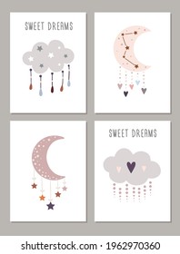 Vector collection of double-sided postcards with moon, cloud in pastel colors. Sweet dream. Perfect for Valentine's Day, Anniversary, Date Save, Baby Shower, Birthday Party.