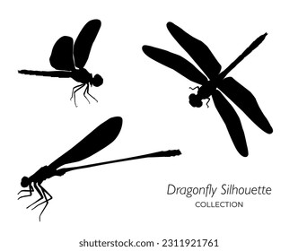 Colección vectorial de la silueta de la libélula aislada sobre fondo blanco. Juego de iconos de la libélula.