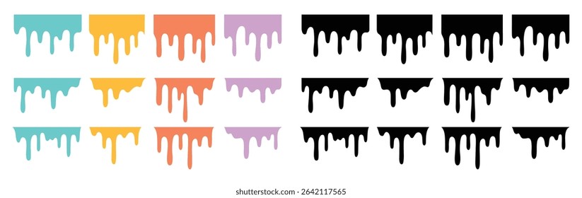 Vector collection of dripping shapes in both colorful and black versions. Great for paint effects, banners, abstract design, or graffiti style elements.