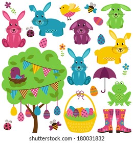 Vector Collection of Easter Bunnies with Tree, Eggs and Basket