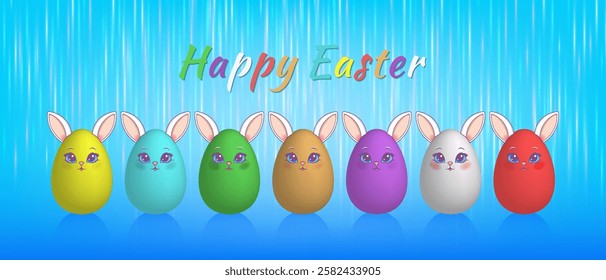 Vector collection of Easter cute cartoon bunnies in form of eggs. Happy Easter. Toon festive colorful set. Blue background.