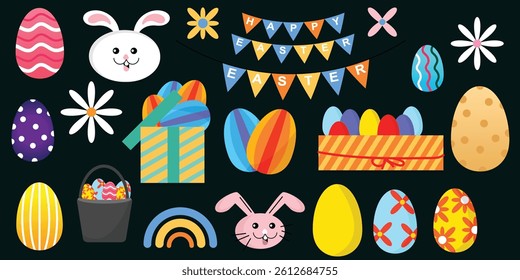 vector collection of Easter Day clipart illustrations of eggs, bunnies and spring flowers and Easter decorations