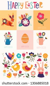 Vector collection of Easter greeting cards with cute bunny and flowers. Easter illustrations