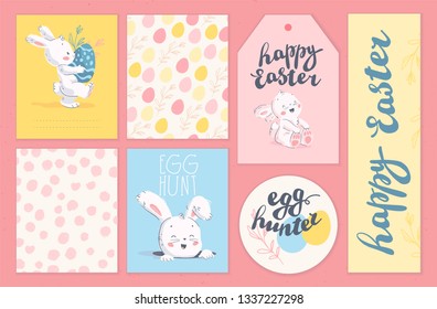 Vector collection of Easter holiday congratulation cards, tags, stickers with lettering, cute little bunny character with easter eggs isolated. Flat hand drawn style. For holiday gifts, decor, banners