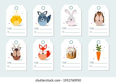 Vector collection of Easter tags with eggs, animals, pie and carrots. Eggs look like cute forest animals.