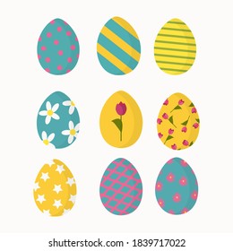 Vector collection of easter's eggs isolated on white. Set of geometric, floral decoration. Elements design for postcard, print, pattern, card, poster, invitation, greeting