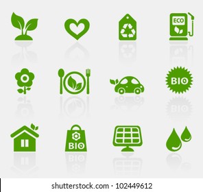 Vector collection of ecological icons, set 1. Image contains transparency effect in reflections and can be placed on every surface. EPS 10