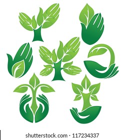vector collection of ecological symbols and signs,human's hands and green growing plants