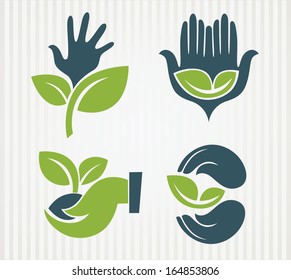 vector collection of ecological symbols and signs,human's hands and green growing plants