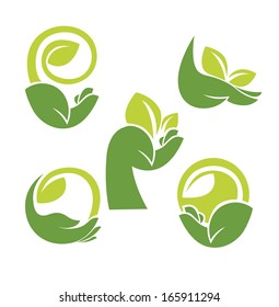 vector collection of ecological symbols and signs,human's hands and green growing plants