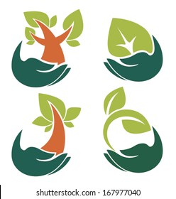 vector collection of ecological symbols and signs,human's hands and green growing plants