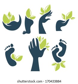 vector collection of ecological symbols and signs,human's hands, foots and green growing plants