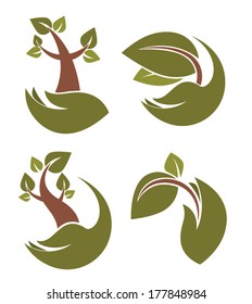 vector collection of ecological symbols and signs,human's hands and green growing plants