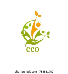 Vector collection of ecological symbols and signs,human's hands and green growing plants. Symbol of ecology, environmental awareness, nature protection concept. Vector Illustration