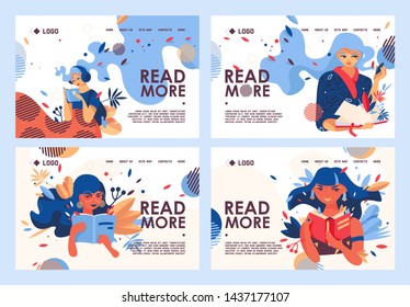 Vector collection of educational banners or landing page templates for love to read. Reading young woman characters with open books, decorated with greenery