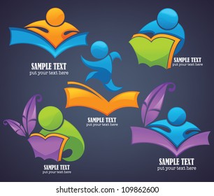 vector collection of educational and reading symbols and icons on dark background
