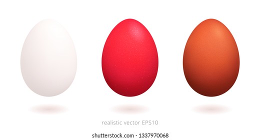 Vector collection of eggs. Three natural objects floats above the white background. 3d realistic design. Gradient mesh.  Pure white, luxury red and grainy brown chicken eggs. Festive set for Easter
