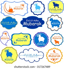 vector collection of Eid-Ul-Adha labels. Greeting tags for Muslim Festival of Sacrifice Eid-Ul-Adha with sheep.