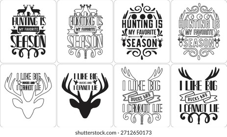 Vector collection of eight black and white hunting-themed graphic designs with deer, bucks, and
