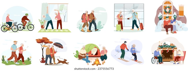 Vector collection elderly couples Set of seniors men and women spend time together at different season relaxing in tent in nature, walking dog, skiing. Old man in a wheelchair reads book with his wife