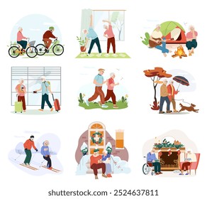 Vector collection elderly couples Set of seniors men and women spend time together at different season relaxing in tent in nature, walking dog, skiing. Old man in a wheelchair reads book with his wife