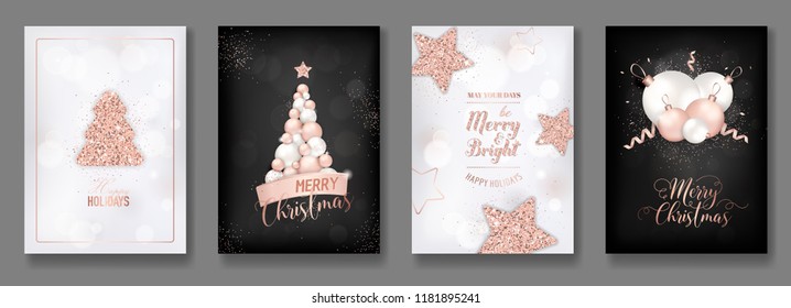 Vektor-Kollektion von eleganten, fröhlichen Weihnachtskarten mit glänzenden Rosengoldglanzkugeln, Weihnachtsbällchen und neuer Jahresbroschüre 2019