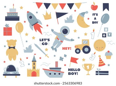 Vector collection of elements for a little boy's birthday with an astronaut, rocket, transport, castle, crown and other elements on a white background. 