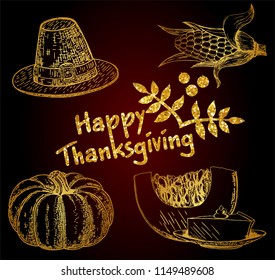 Vector collection of  elements for Thanksgiving day decoration. Vintage set of hand drawn traditional food sketch for autumn holiday. Harvest illustration outlines. Gold elements on a dark background.
