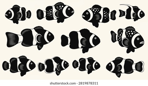 Vector collection of eleven black clownfish silhouettes featuring white stripes and spot patterns. Graphic anemonefish illustrations set against a plain light background for marine design.
