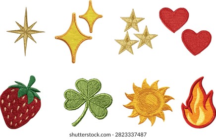 A vector Collection of Embroidered Patchwork Elements, Various golden stars, sparkles, Sun, Red hearts, a strawberry, a three-leaf clover, and a flame