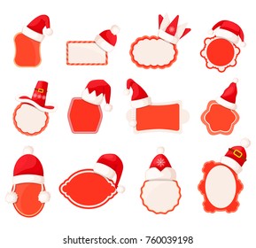 Vector collection of empty sale icon stickers with Santa Claus caps on top of them. Bright decorated round, oval and rectangular labels with straight, wavy edges and space for writings and prices.