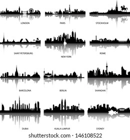 vector collection of european panoramic city skylines with water reflections