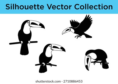Vector colección de exóticas siluetas de aves tucán, ideal para proyectos de diseño.