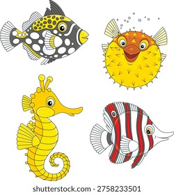 Vector collection of an exotic tropical puffer fish, a seahorse, a butterflyfish and a triggerfish