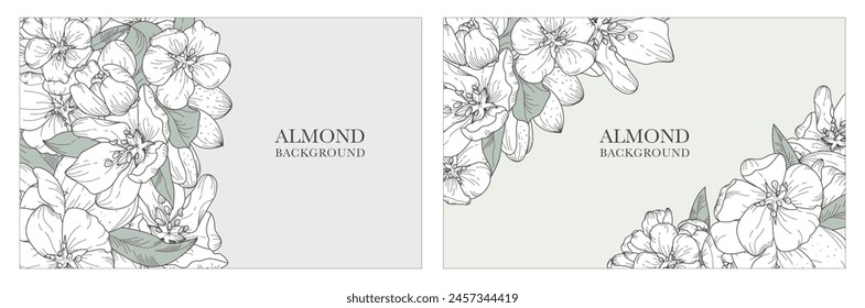 A vector collection of exquisite backgrounds, in a botanical style featuring blooming almond and nuts. Luxurious hand-drawn flowers. Suitable for wedding and event decorations, cards, prints, banners
