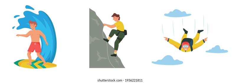 Vector collection of extreme sport characters. Surfer, rock climber and skydiver. Cartoon character flat vector illustration.