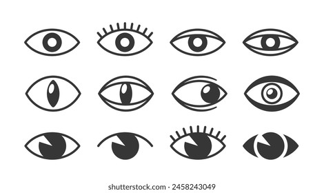 Vector Collection Of Eye Icons In Black And White, Featuring A Variety Of Designs And Expressions, Pupil Shapes