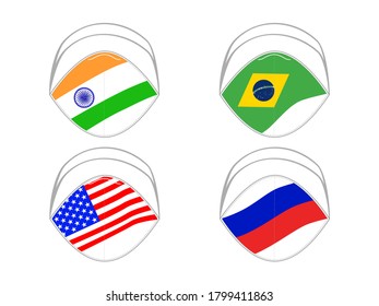 Vector - Collection of face mask with different country flag. India, Brazil, United States (USA) and Russia. Protection from Coronavirus (Covid-19), bacteria, pollution. Healthcare concept.