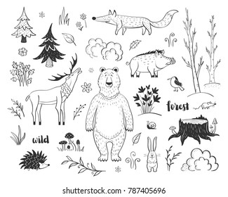 Vector collection of fairy forest with lovely forest animals and plant elements. Simple stylish graphics for children's design