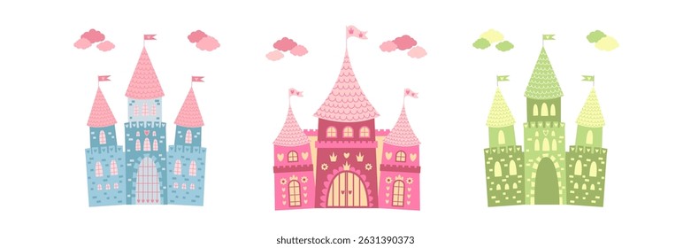 Vector collection of fantasy castles. Adorable cartoon-style palace towers and gate for children’s designs.
