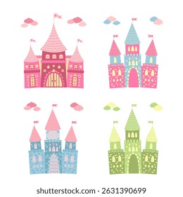 Vector collection of fantasy castles. Princess castle set in flat style. Adorable cartoon-style palace towers and gate for children’s designs.