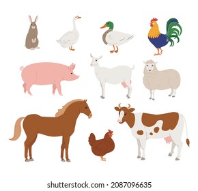 Vector collection of farm animals and birds, including horse, cow, sheep, goat, pig, rabbit, duck, goose and chicken
