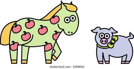 Vector collection of farm animals: horse, pig