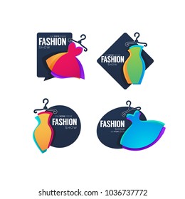 vector collection of fashion show logo, label, emblems with bright  dresses and lettering composition for your brand boutique and store