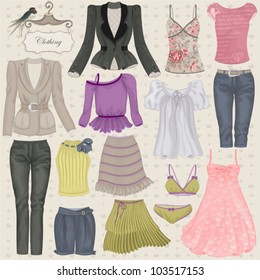 Vector collection of fashionable clothes seasons spring, summer for girl